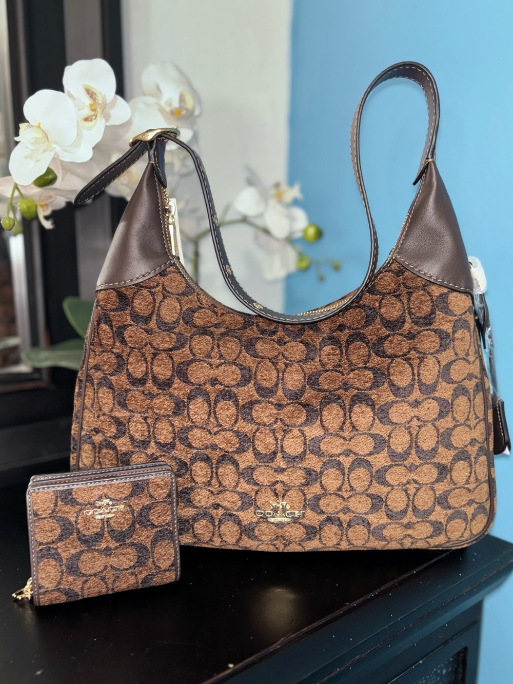 Coach Brown Signature Jacquard Hobo Shoulder Bag & wallet Set